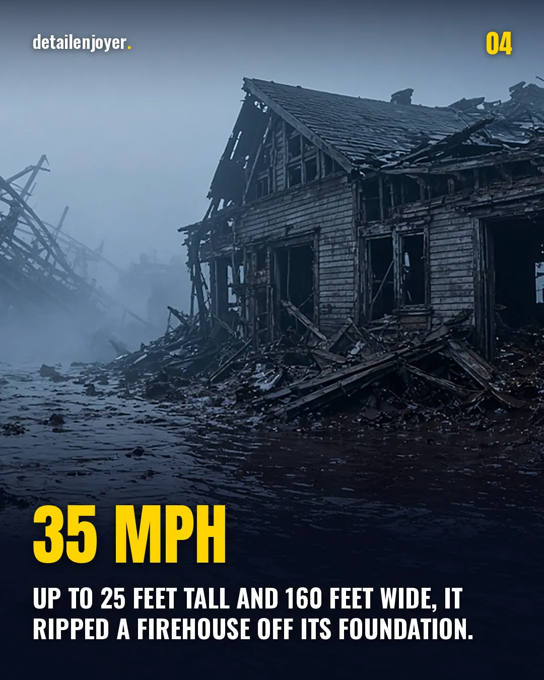 35 mph Up to 25 feet tall and 160 feet wide, it ripped a firehouse off its foundation.