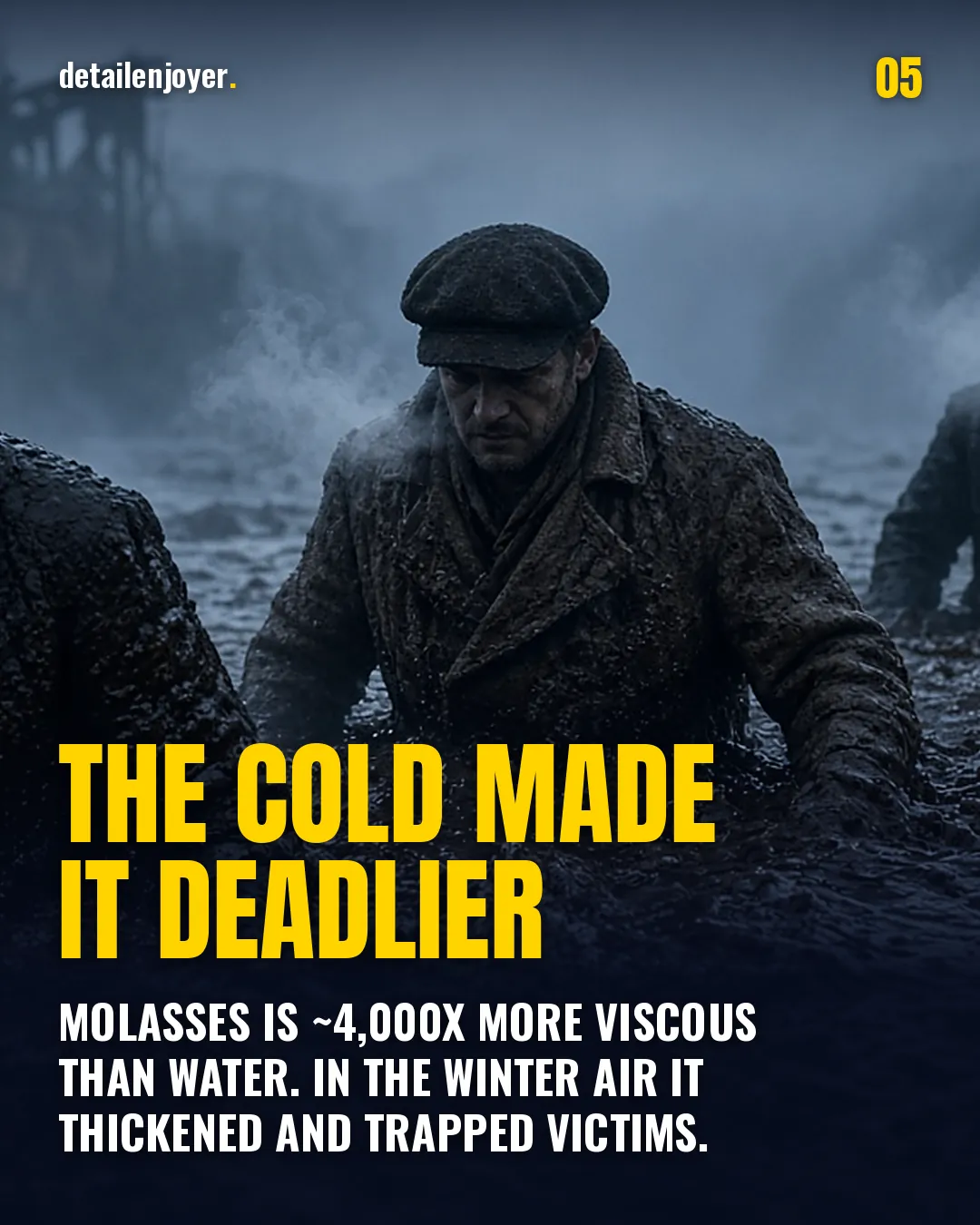 The cold made it deadlier Molasses is ~4,000x more viscous than water. In the winter air it thickened and trapped victims.