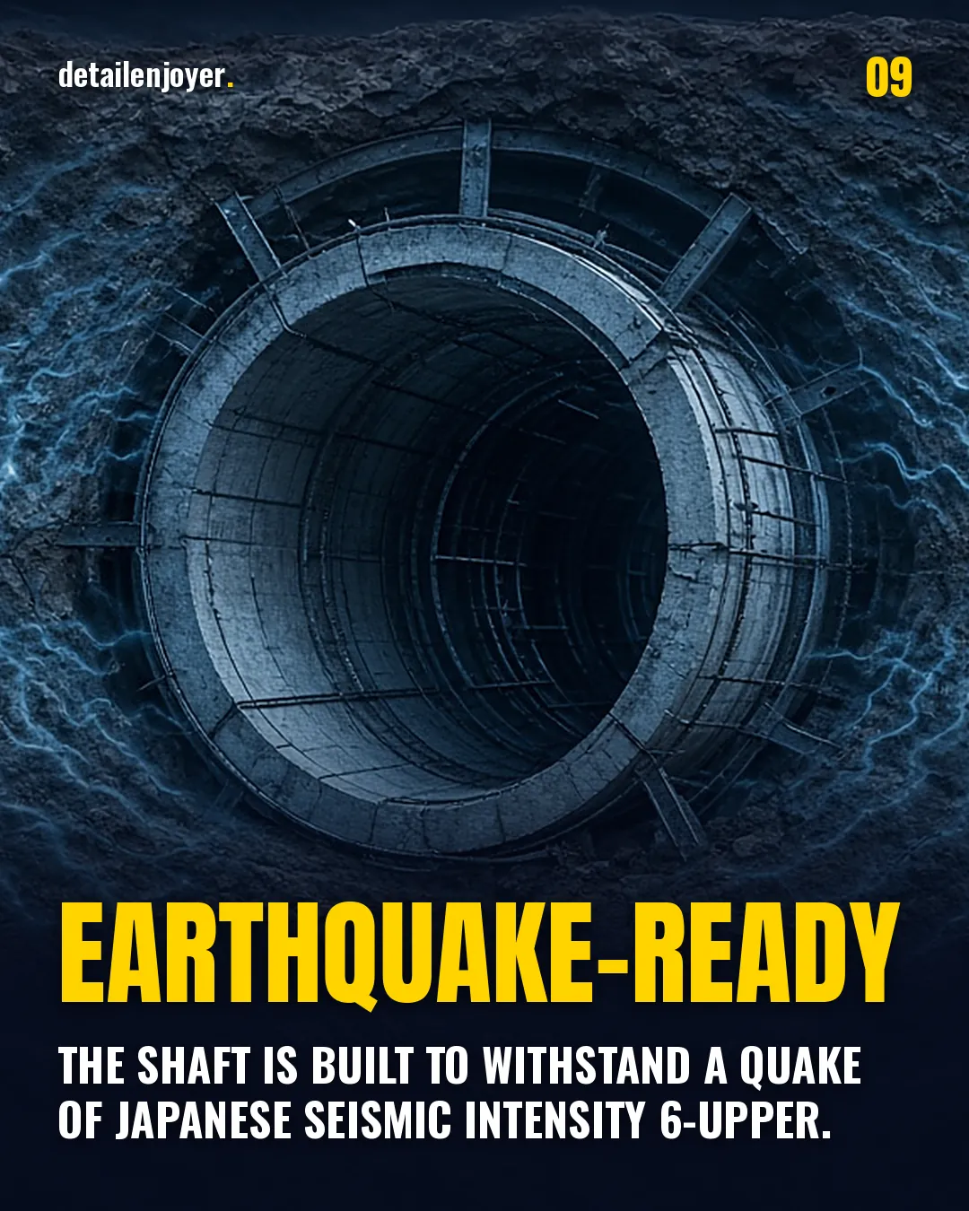 Earthquake-ready The shaft is built to withstand a quake of Japanese seismic intensity 6-upper.