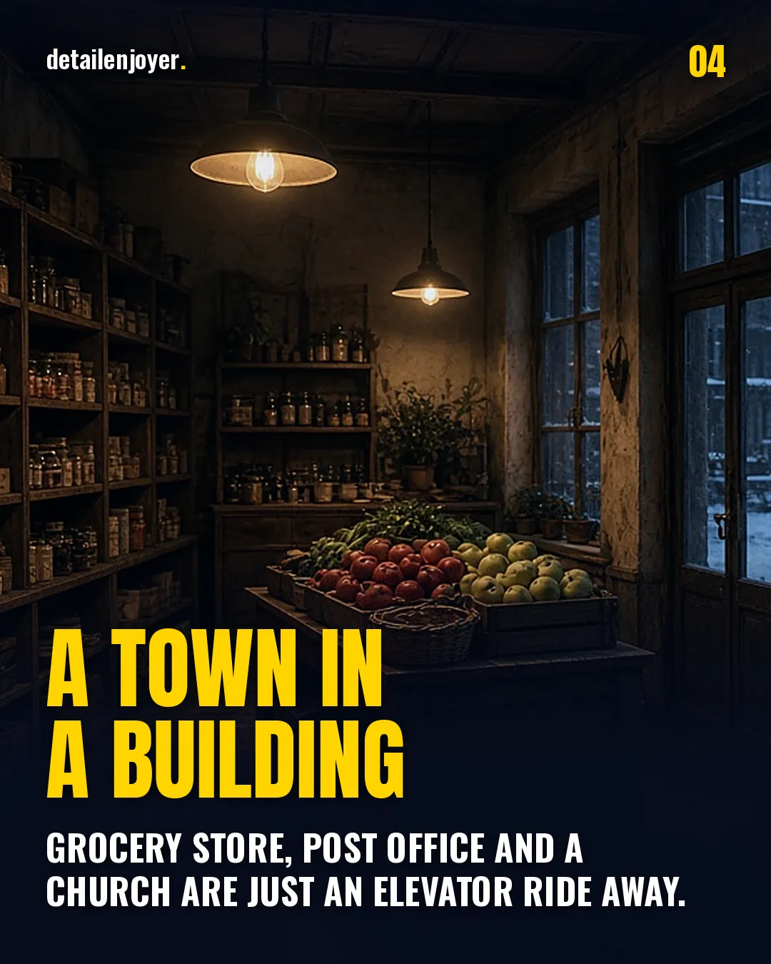 A town in a building Grocery store, post office and a church are just an elevator ride away.